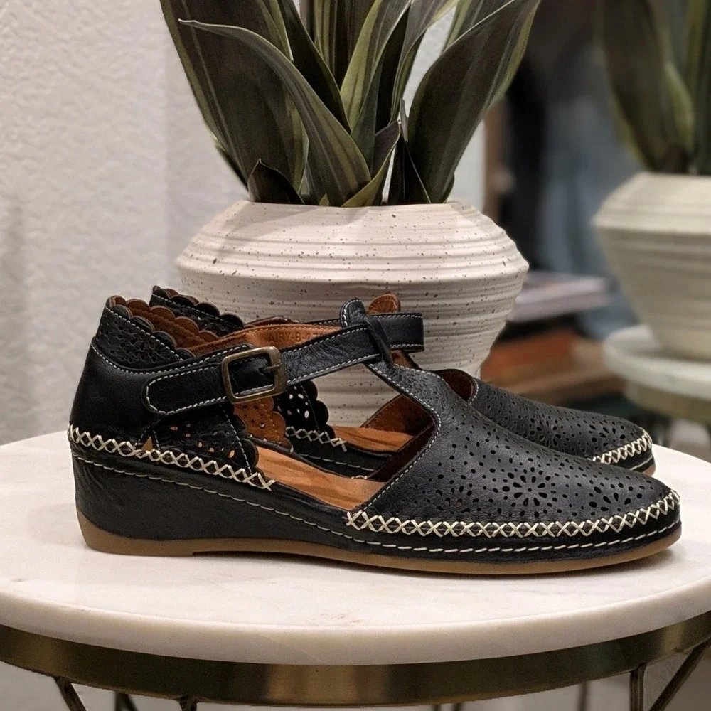 Spring Step Patrizia Airy Wedge Leather T-Strap Flats Black Laser Cut Comfort